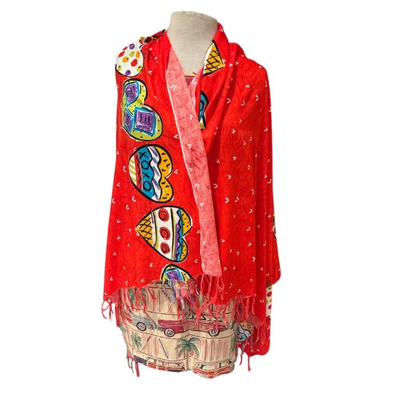 Sally Huss Red Heart Patterned Rayon Shawl Wrap Scarf With Fringe - Picture 7 of 10